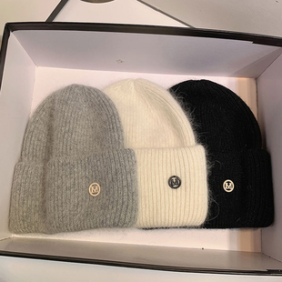 韩系ins字母M标针织帽子女冬季加厚防寒百搭毛线帽情侣包头帽冷帽