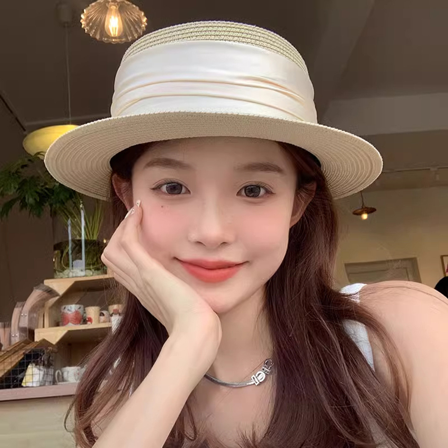 法式缎带平顶草帽子女夏季新款