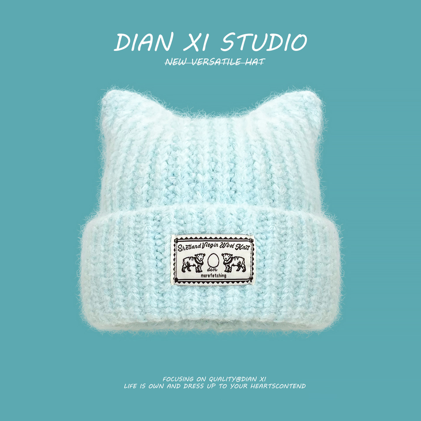 韩系ins贴布猫耳针织帽子女秋冬季羊毛混纺保暖防风毛线帽套头帽