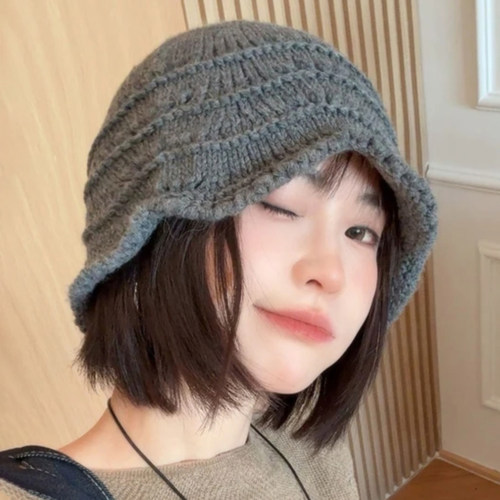日系纯色针织渔夫帽子女秋冬季