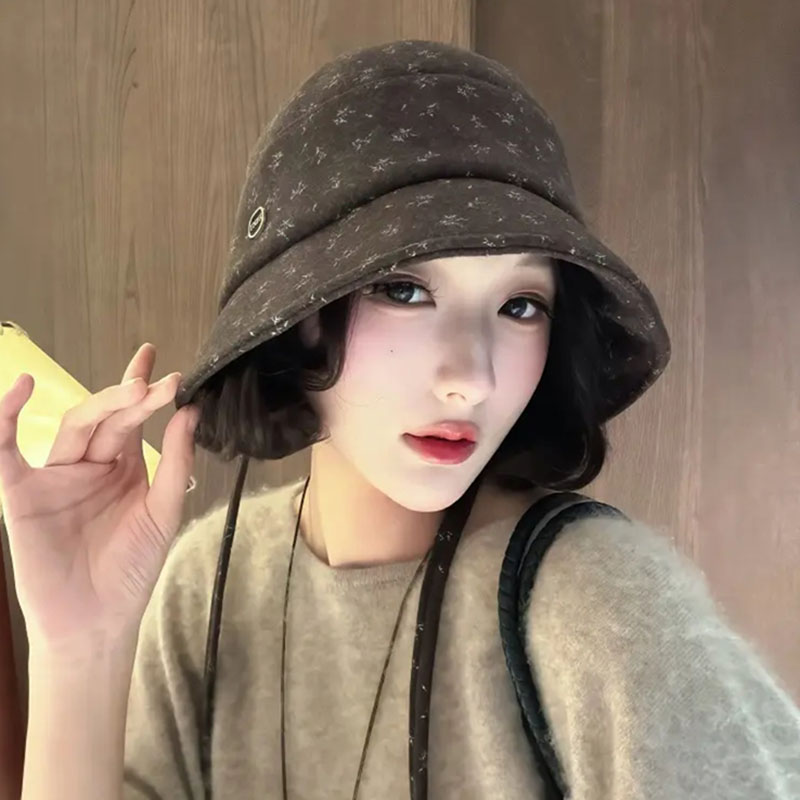 韩系秋冬毛呢小碎花渔夫帽脸小