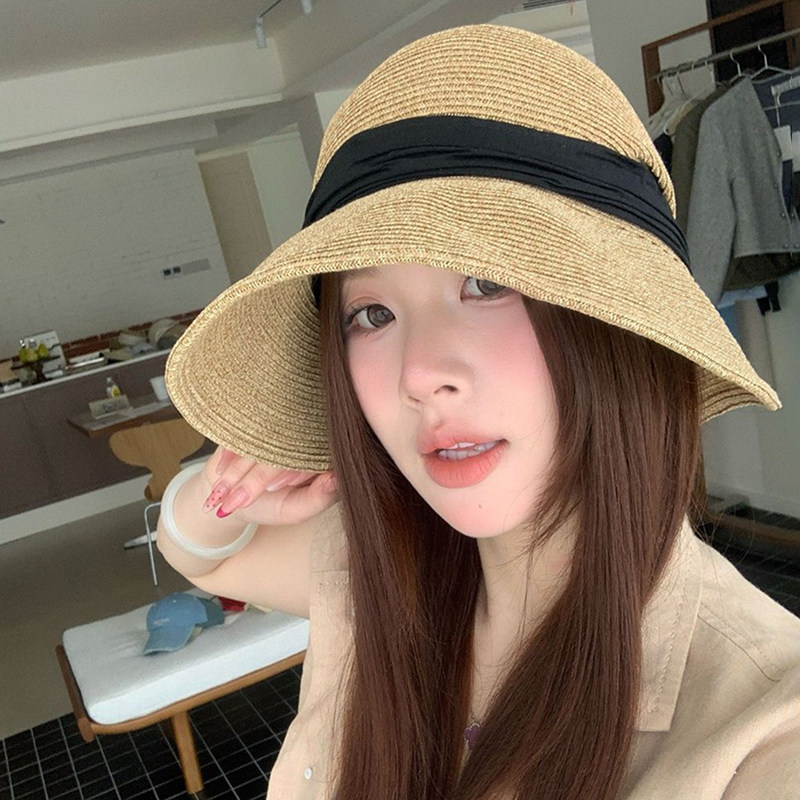 日本进口蝴蝶结草帽子女士夏季海边度假草编渔夫帽宽檐遮阳防晒帽