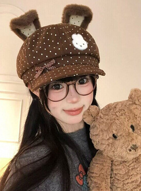 日系兔耳波点八角帽女显脸小