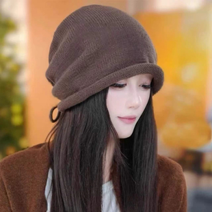 日系纯色卷边针织帽子女秋冬季 宽松素颜显脸小包头帽百搭冷帽 新款