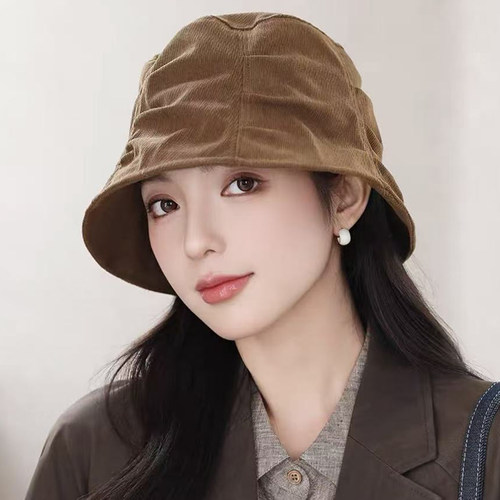 日系灯芯绒褶皱渔夫帽子女秋冬季