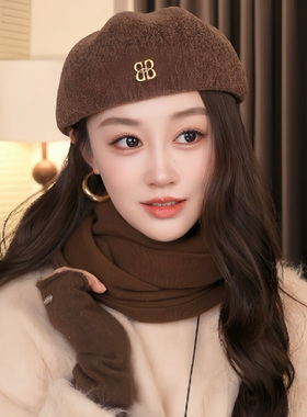 韩国定型金属标贝雷帽子女款秋冬季百搭气质反戴前进帽新款画家帽