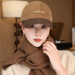 日系复古软顶棒球帽子女灯芯绒字母秋冬款时尚拼接个性百搭鸭舌帽