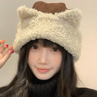 日系麂皮绒可爱猫耳渔夫帽子女款冬季保暖防寒百搭显脸小毛绒盆帽
