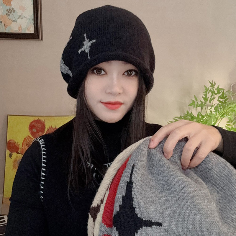 韩系卷边抽绳针织堆堆帽子女秋冬季百搭保暖防风冷帽大头围包头帽
