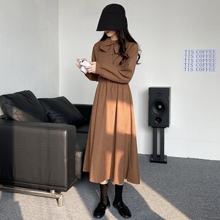 蝴蝶结领长袖连衣裙女法式春秋冬2026新款收腰显瘦气质长款中裙子