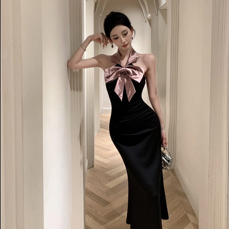 法式性感露背蝴蝶结黑色无袖挂脖连衣裙女夏季气质鱼尾包臀中长裙