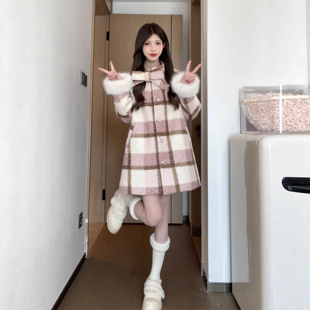 Nanaimo酱甜美韩系粉色格子仿毛呢蝴蝶结呢子外套女小个子大衣
