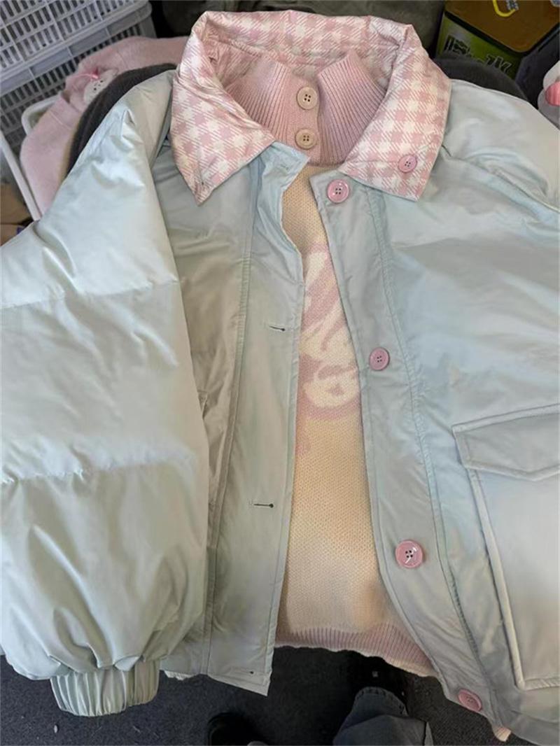 牛奶蓝色甜美的设计对比格纹翻领的妇女棉质外套2024新的冬季绗缝