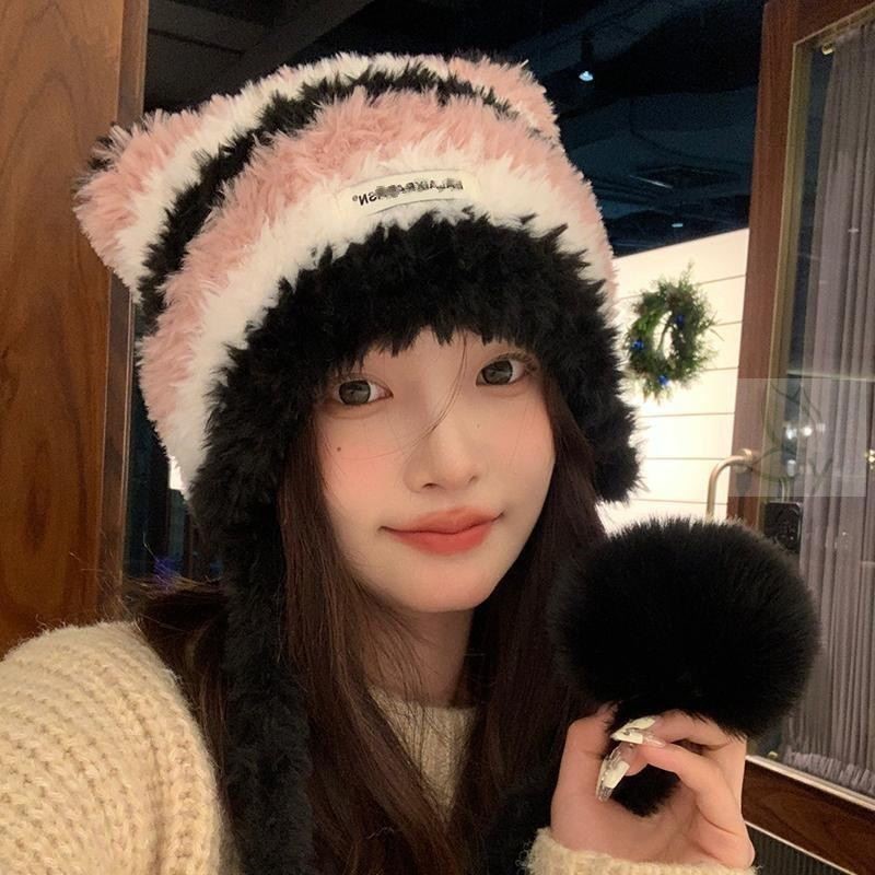 毛绒帽子女猫耳朵护耳帽秋冬季加厚保暖可爱大头围条纹针织毛线帽
