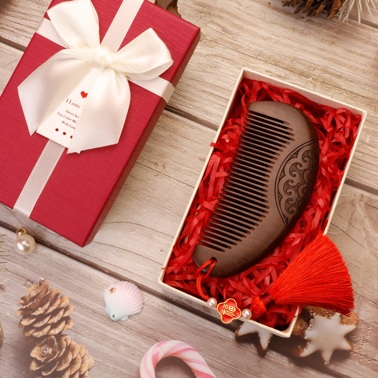 妇女节礼物金丝檀木梳子女士礼盒装生日礼品家用静电伴手女友教师