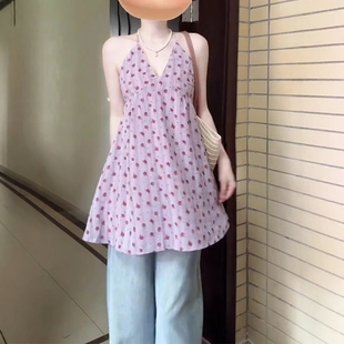 2025新款 紫色挂脖露背吊带碎花连衣裙子女装 夏今年流行爆海边度假