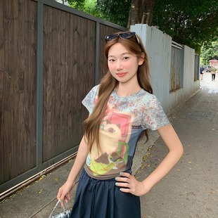 复古卡通印花网纱短袖 新款 美式 t恤女夏季 小上衣 修身 显瘦正肩短款