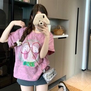 T恤女夏季 可爱卡通印花粉色正肩圆领短袖 甜美减龄宽松百搭上衣潮