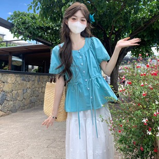 T恤 绿色棉麻短袖 上衣女夏2025新款 多巴胺独特明媚漂亮娃娃衫 法式