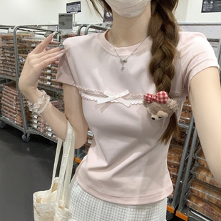 粉色蝴蝶结镂空拼接正肩短袖 上衣 t恤女夏设计感小众修身 显瘦短款
