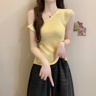 韩系chic斜肩扭结短袖 纯欲风收腰显瘦上衣 针织T恤女夏季 2025新款