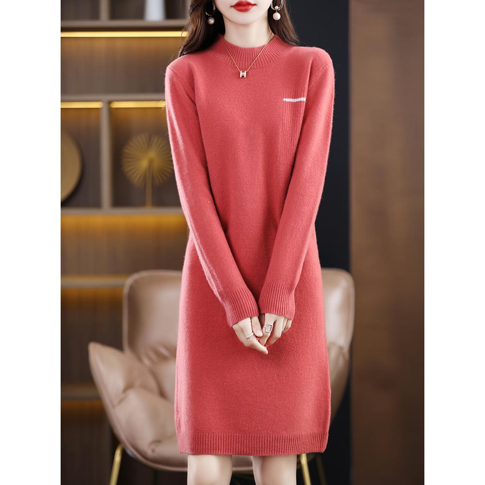 MONLOUVE中长款过膝100纯过膝裙2025秋冬新半高领套头长袖针织毛