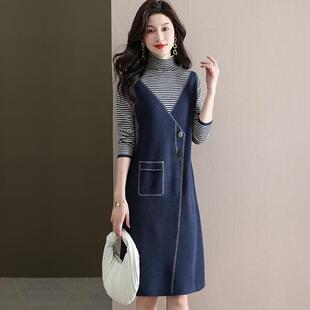 MONLOUVE胖mm秋冬特大码高领遮肚子显瘦连衣裙女中长款内搭毛衣打