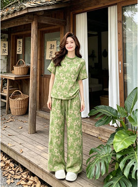 2026夏时尚休闲运动套装女夏天漂亮提花绿色短袖T恤阔腿裤两件套