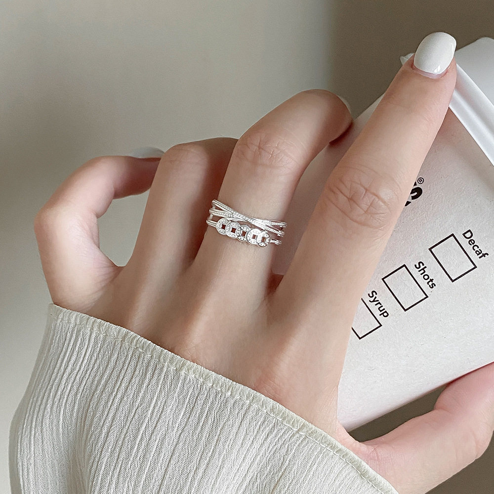 招财进宝戒指S925纯银中国复古风百搭铜钱食指环双层交叉中国风