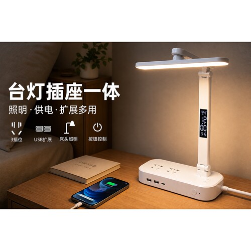 官方公矢台灯一体插座家用卧室床头插排插线板宿舍桌面LED小夜灯