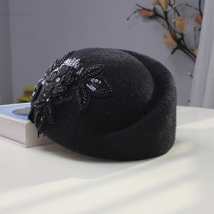 花朵贝雷帽子女回族时尚百搭蓓蕾毛线针织帽女士秋冬季优雅空姐帽