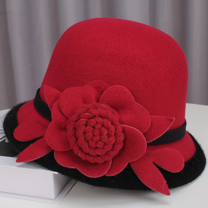 毛呢礼帽花朵渔夫帽百搭盆帽