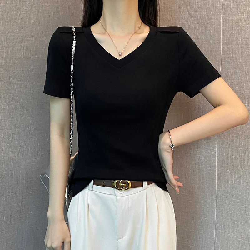 黑色V领鱼骨纯棉短袖t恤女春夏低领修身打底衫内搭正肩显瘦上衣女