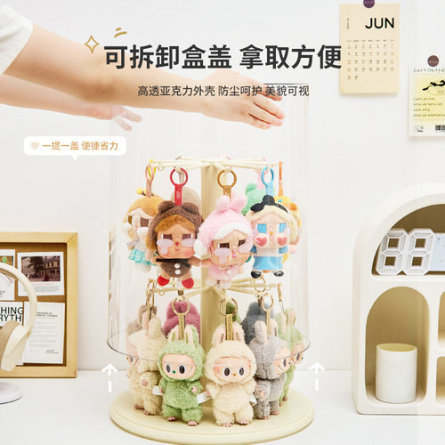 旋转盲盒手办收纳展示盒透明labubu毛绒公仔玩偶拉布布挂件展示架