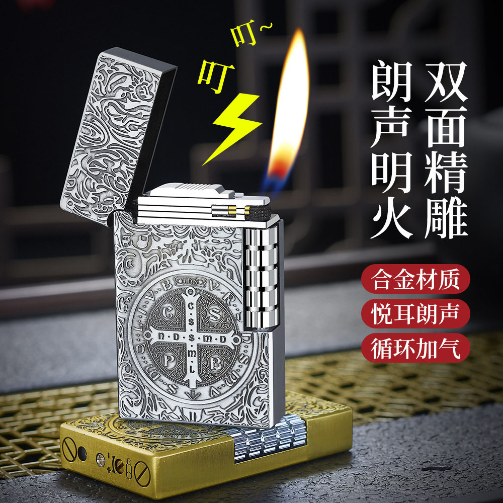 新款充气打火机康斯坦丁金属砂轮侧滑明火打火机点烟器批发跨境