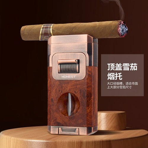 跨境爆款百诚凯门双直冲高颜值蓝焰充气防风打火机带雪茄剪雪茄托