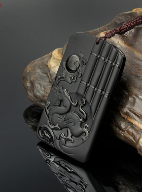 步步高升宇宙通宝天然黑曜石磨砂龙牌吊坠男士毛衣链转运