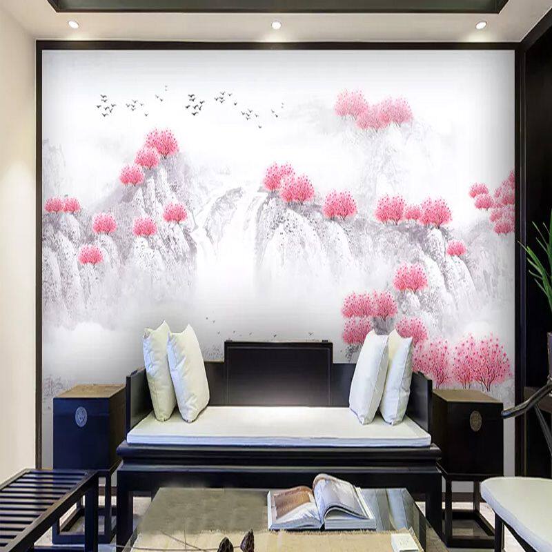 新中式三生三世桃花客厅定制无a缝墙布意境山水电视背景墙壁画壁