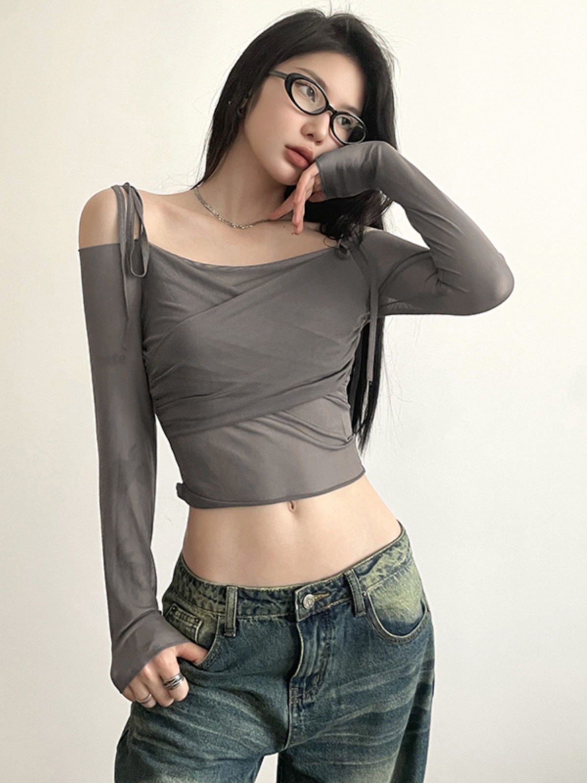 WEIRD PUSS Internet Celebrity Ins Cool Spicy Girl Style Off-Shoulder Mesh Patchwork Slim Fit Vielseitig Langarm_voghion.com