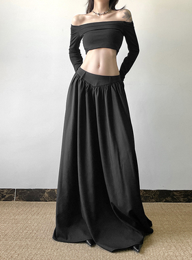 WEIRD PUSS嬉皮街头黑色简约高腰设计大摆裙梨型身材显瘦半身裙女