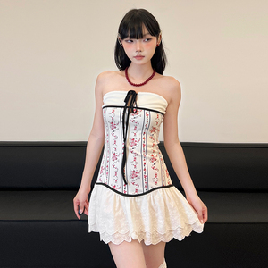 WEIRD PUSS 甜辣复古碎花系带设计抹胸连衣裙女修身收腰层蓬蓬裙