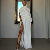 PUSS 欧美ins度假风褶皱高领单袖 上衣女 WEIRD 高开叉半身裙套装