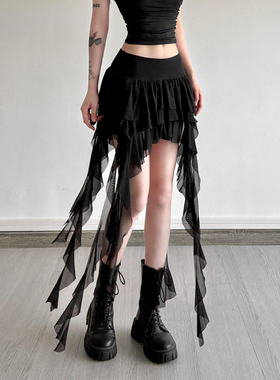 WEIRD PUSS 暗黑系高街潮酷荷叶边流苏半身裙女 低腰百搭辣妹短裙