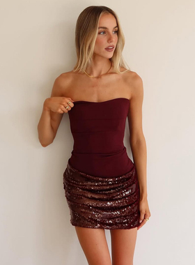 WEIRD PUSS 时髦精葡萄酒红抹胸连衣裙女 细闪亮片修身包臀裙辣妹
