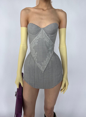 WEIRD PUSS 灰雾幻境菱形设计蕾丝边抹胸连衣裙女 修身显瘦包臀裙