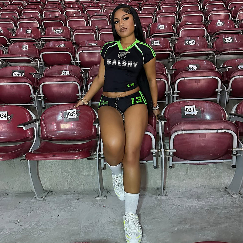 WEIRD PUSS 欧美街头辣妹字母印花短袖T恤女 抽绳短裤运动套装潮