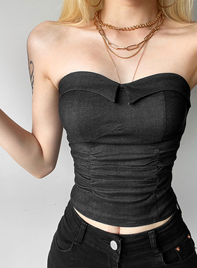 WEIRD PUSS 又a又飒个性黑色褶皱无袖抹胸背心百搭修身辣妹短上衣