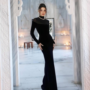 WEIRD PUSS 欧美豪门贵妇高领黑纱拼接长袖连衣裙女 修身显瘦裙子