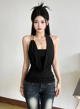 WEIRD PUSS 幽影矜仪黑色荡领挂脖背心女 修身显瘦露背百搭上衣