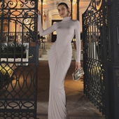 WEIRD 时髦褶皱气质辣妹长裙 高领长连衣裙女 PUSS 欧美格雷系修身